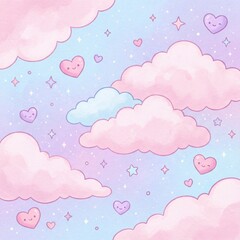 Kawaii pastel sky with cute smiling hearts and fluffy clouds watercolor illustration