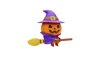 3D Cute cartoon pumpkin witch on a broomstick flying on transparent background