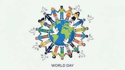 Obraz premium Diverse people from around the world holding hands in unity around the earth globe with white doves flying around symbolizing peace