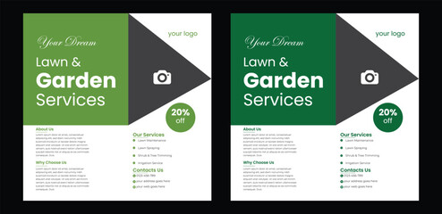 Lawn or gardening services social media post template, Gardening and Landscaping service social media post in green layout  Lawn garden or landscaping service social media post and web banner template