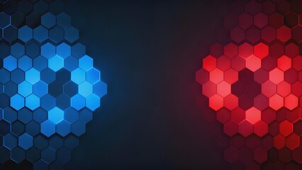 Abstract hexagonal pattern with blue and red glowing circles on a dark background