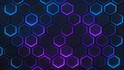 Neon hexagonal grid pattern with blue and purple glowing outlines on a dark background