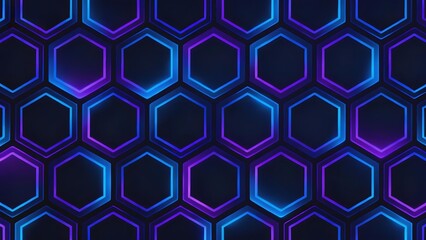 Neon hexagonal grid pattern with glowing blue and purple outlines on a dark background