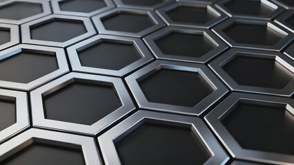 Close-up of a metallic hexagonal grid pattern with reflective surfaces and dark recessed centers