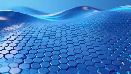 Abstract blue hexagonal surface with flowing wave pattern