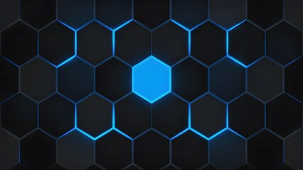 Hexagonal grid pattern with glowing blue lines and a central illuminated hexagon on a dark background