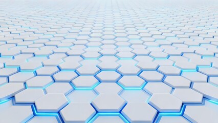 A futuristic hexagonal grid pattern with glowing blue edges extending into the distance
