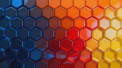 Gradient hexagonal pattern with reflective surfaces transitioning from blue to orange and yellow