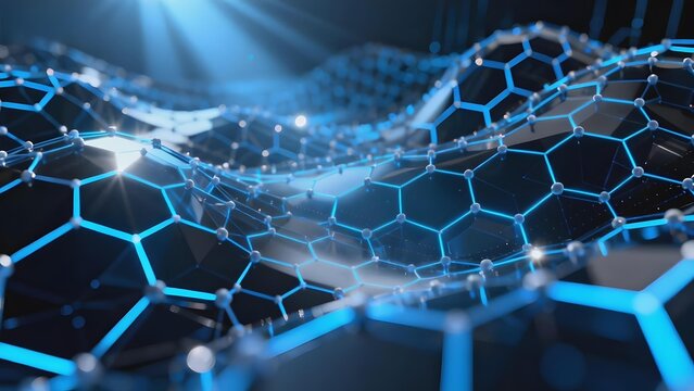 Abstract digital representation of a hexagonal molecular network with glowing blue nodes and connections, resembling graphene or nanotechnology structure.