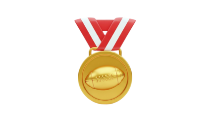 3D Gold medal with American football and ribbon on transparent background