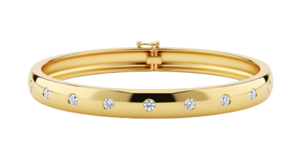 Elegant Gold Bangle Bracelet Product Shot with Embedded Diamonds isolated PNG with Transparent Background