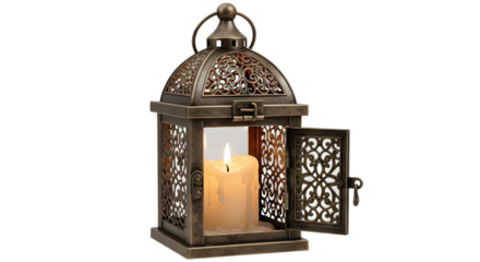 Isolated Ornate Bronze Metal Lantern with Lit Candle and Open Door isolated PNG with Transparent Background
