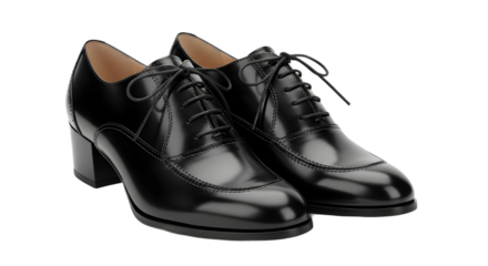 Black Leather Laced Block Heel Oxford Shoes Product Shot isolated PNG with Transparent Background