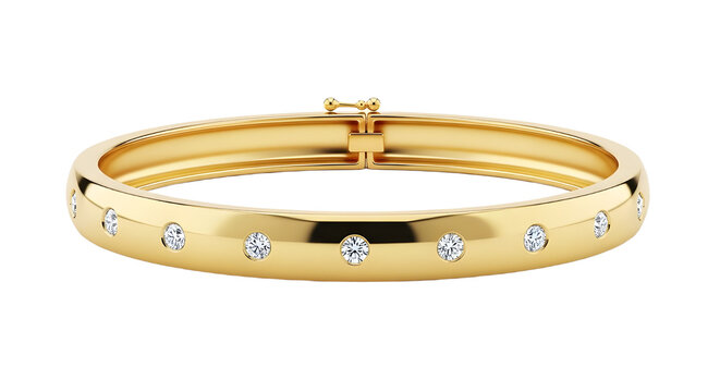 Luxury gold bangle bracelet with round diamonds, elegant 18k yellow gold jewelry, premium diamond encrusted bangle for bridal and fashion retail isolated PNG with Transparent Background