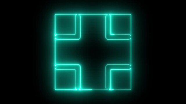 LED screens projection technology with glowing neon blue line frame pattern on black background. 4k video growing, abstract cube design