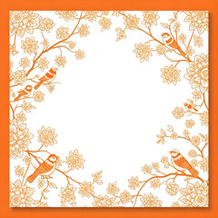 Orange Birds on Branches Floral Frame Isolated on White