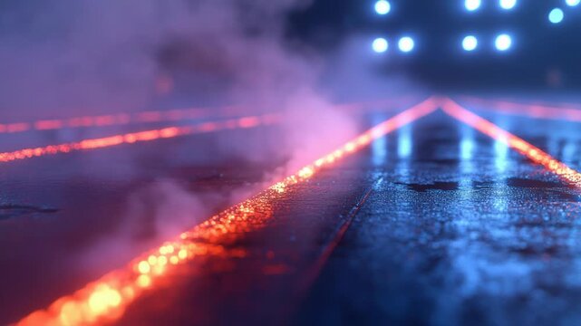 A neon-lit street scene with orange and blue illumination. Illuminated lines stretch, fog wafts and bokeh is present
