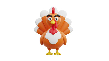 3D Cute 3D cartoon turkey with orange feathers and white accents on transparent background