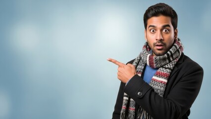 A surprised man in a scarf points to the left with his index finger against a blurred background.
