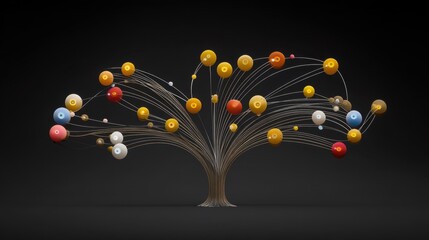Abstract representation of a tree with colorful spheres and thin branches on a dark background symbolizing connection, growth, and network innovation in nature