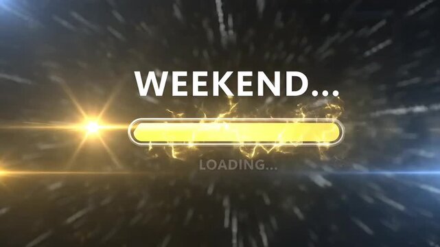 Animated motion graphic of weekend loading progress bar with glowing light background showing relaxation mood and fun break concept for lifestyle video footage