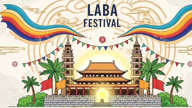 Capital cultural laba festival temple illustration shown as animated artwork with gentle motion of decorative architecture elements in festive celebration scene for seasonal holiday video background