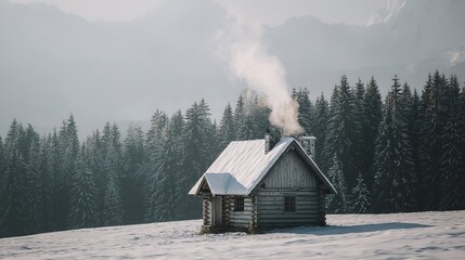 Small Cabin in Snowy Field with Smoke from Chimney
