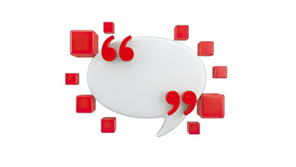 3D Speech bubble with red quotation marks and cubes on transparent background