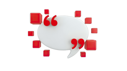 3D Speech bubble with red quotation marks and cubes on transparent background