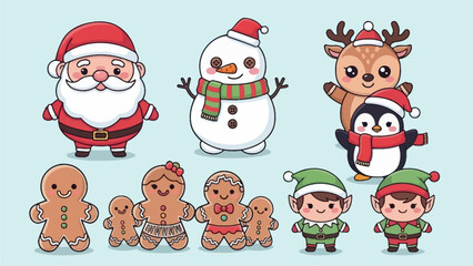 Fototapeta premium Kawaii Christmas Characters Collection: Santa, Snowman, Penguin, and Reindeer Illustration Set