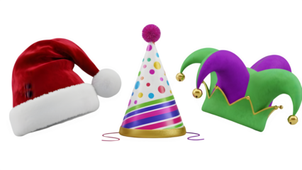 Three festive hats isolated on transparent background
