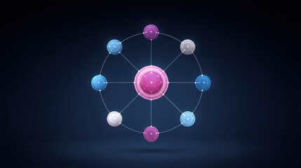 Three-dimensional visualization of an atomic model representing particles, electrons, protons, and neutrons in a dark background for educational purposes