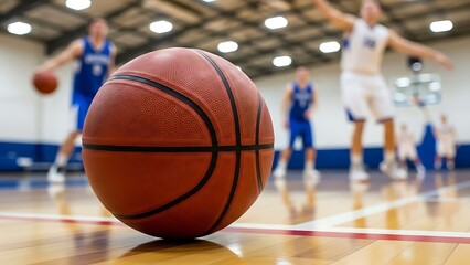 Naklejka premium Close-up of a basketball on a court with players in the background during a game