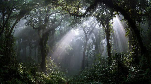 Sun Rays Illuminating a Tropical Forest Path light beams - Powered by Adobe