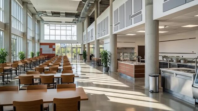 Empty Modern Cafeteria with Rows of Tables and Natural Light.