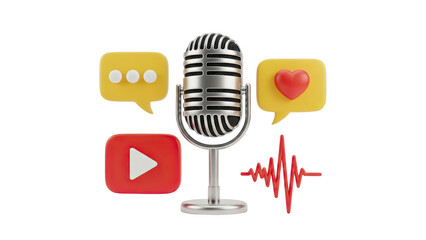 3D Retro Microphone with Podcast Icons on transparent background