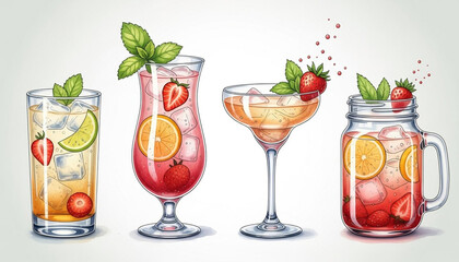 Watercolor 3D Illustration Of Five Types Of Mocktail Glasses, Ideal for restaurant menus, cafe branding, beverage advertising, hospitality visuals, lifestyle blogs, and summer themed design projects.