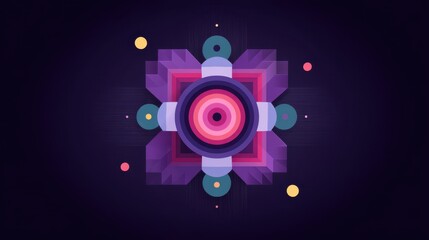 Obraz premium Abstract geometric design featuring vibrant shapes and colors with a symmetrical arrangement on a dark background for modern art projects