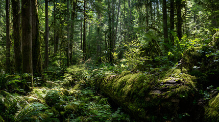 Obraz premium Sunbeams illuminating a mossy fallen log in a dense forest