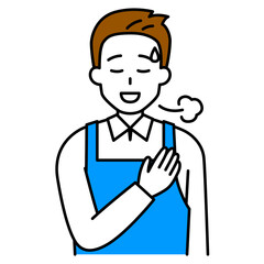 Obraz premium 胸に手を当ててホッとするエプロン姿の男性