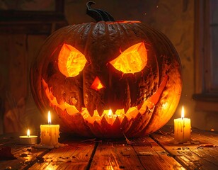 Carved, illuminated pumpkin with a spooky face, surrounded by candles