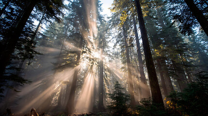Sunbeams streaming through a misty forest canopy at sunrise