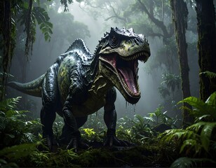 Large dinosaur in lush, vibrant jungle. Atmospheric, with open mouth