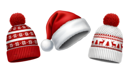 Three christmas hats isolated on transparent background