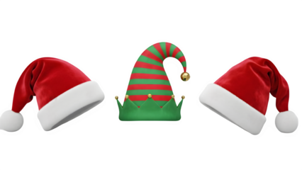 Three santa hats isolated on transparent background
