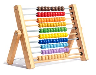 A close-up studio shot of a classic wooden abacus, featuring rows of colorful beads on parallel rods