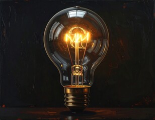 A close-up studio shot presents a glowing incandescent light bulb against a textured black backdrop, illuminated
