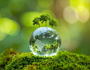 Clear glass globe with miniature trees resting on moss, blurred green background