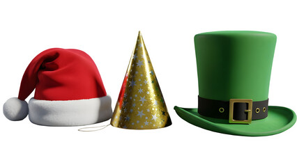 Three festive hats isolated on transparent background