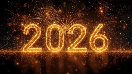 Golden fireworks display with glowing 2026 numbers in the night sky, celebrating a new year with sparkling lights and festive atmosphere.